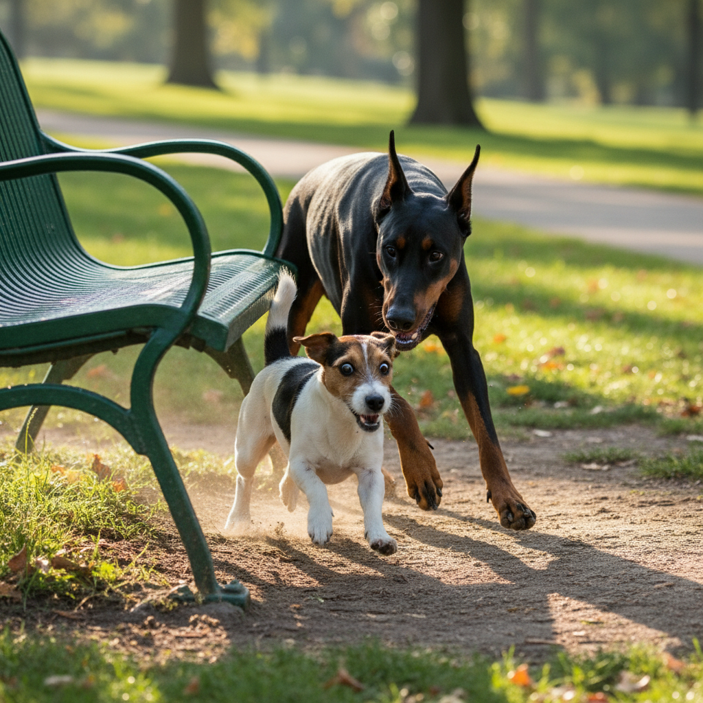 An action shot capturing a frantic-looking Jack Russell Terrier desperately trying to scramble under a park bench while a much larger, determined Doberman is in hot pursuit right behind it.