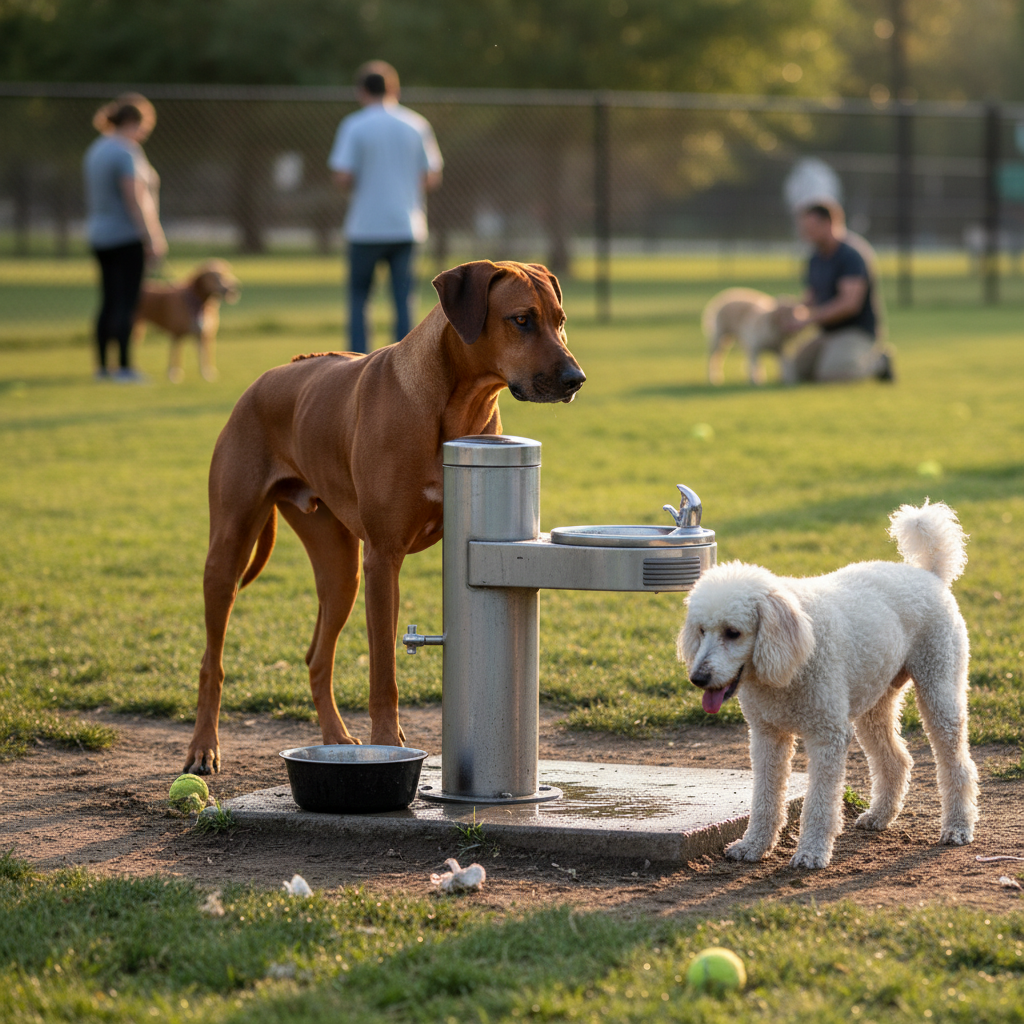 A Rhodesian Ridgeback stands stiffly over the communal water station at a dog park, giving a menacing side-eye to a thirsty-looking poodle that is keeping a safe distance.