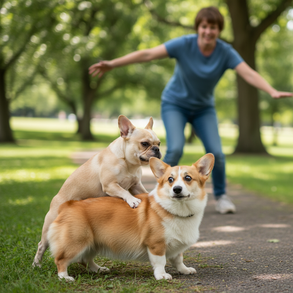 A medium shot of a French Bulldog persistently trying to mount a Corgi, which is actively trying to squirm away and looking back with an annoyed expression. The owner is in the background, starting to move forward to intervene.