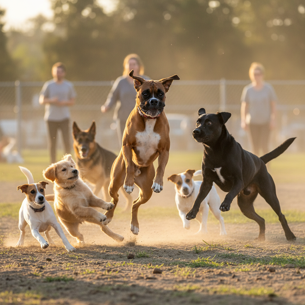 A slightly blurry, high-energy photo of a Boxer mid-leap in the center of a dog park, causing several other dogs of various sizes to scatter away from it in alarm.
