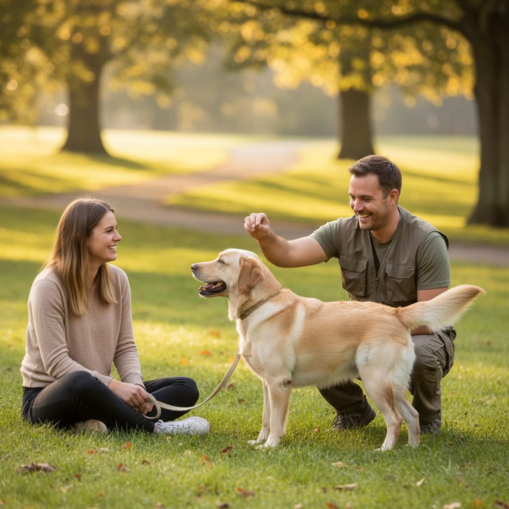A hopeful, sunlit image of a dog owner and a professional trainer in a quiet park. The trainer is smiling and giving a treat to a happy Labrador who has just successfully completed a 'come' command.