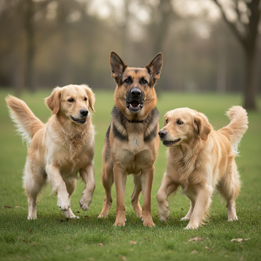 A German Shepherd with a very serious expression is barking and standing stiffly between two golden retrievers who were in the middle of a playful chase, effectively stopping their game.