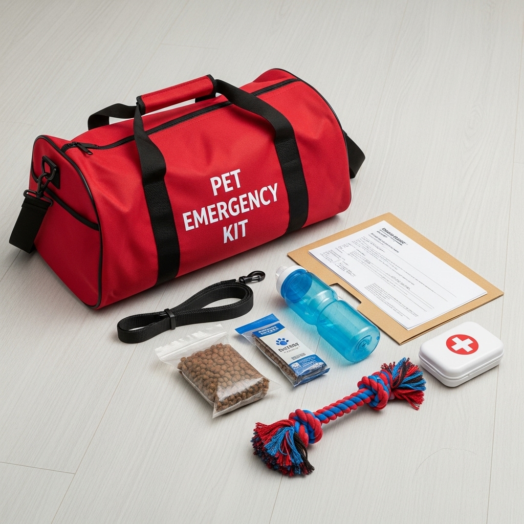 A bright red duffel bag, clearly marked 'PET EMERGENCY KIT', is open on the floor. Neatly arranged next to it are all the essential items: a leash, a bag of kibble, a water bottle, a folder of documents, a favorite rope toy, and a pet first-aid kit.