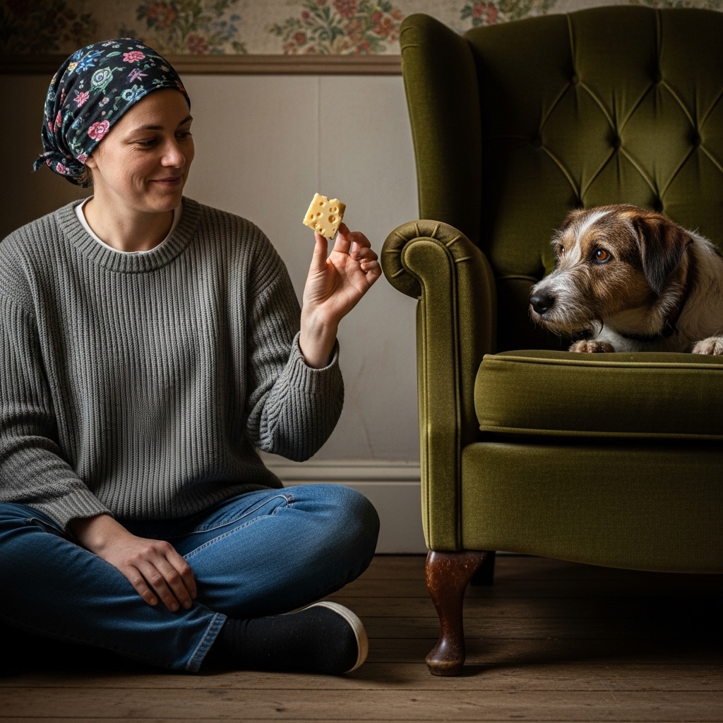 A person patiently sitting on the floor, holding a piece of cheese and using a calm, encouraging expression to coax a timid dog out from behind a large armchair.