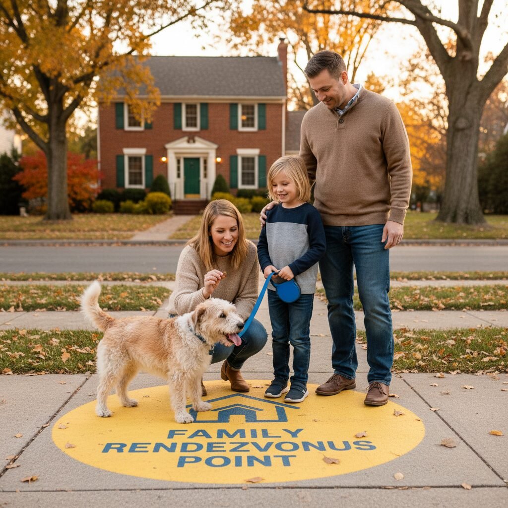 A family, including a smiling child holding a leash attached to a happy terrier mix, all standing together at their designated safe spot on the sidewalk across from their house. The parent is giving the dog a treat.