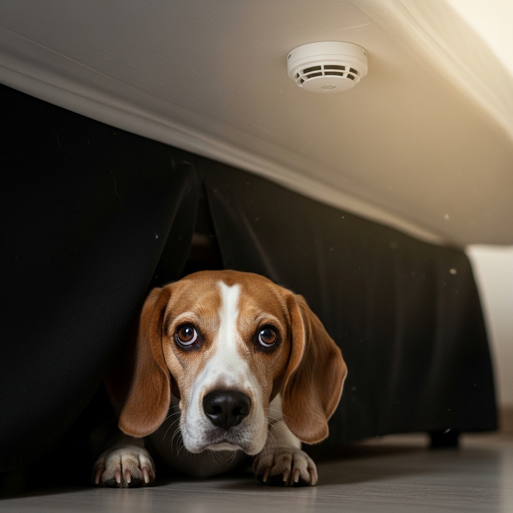 A slightly anxious-looking Beagle peeking its head out from under a bed, with a smoke alarm visible on the ceiling in the background, illustrating a dog's natural tendency to hide.
