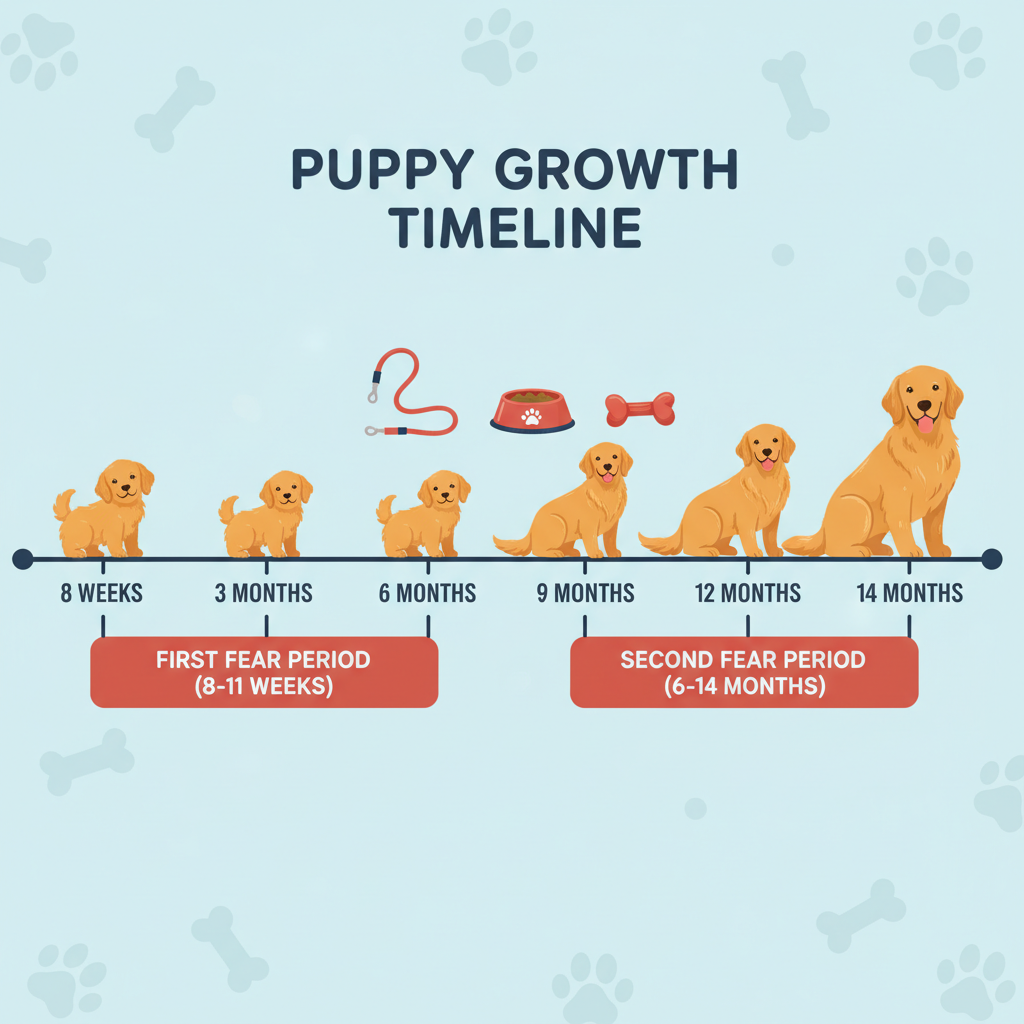An illustrated infographic showing a puppy's growth timeline from 8 weeks to 14 months. Two specific zones are highlighted in red, labeled 'First Fear Period (8-11 Weeks)' and 'Second Fear Period (6-14 Months)', showing when they occur.