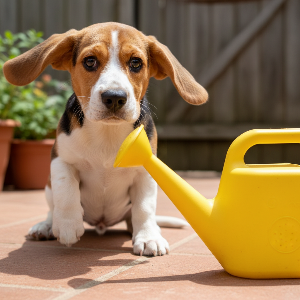 A close-up photograph of a beagle puppy with wide, worried eyes and its ears slightly back. It is cautiously looking at a bright yellow watering can on a patio, demonstrating suspicion towards an everyday object.