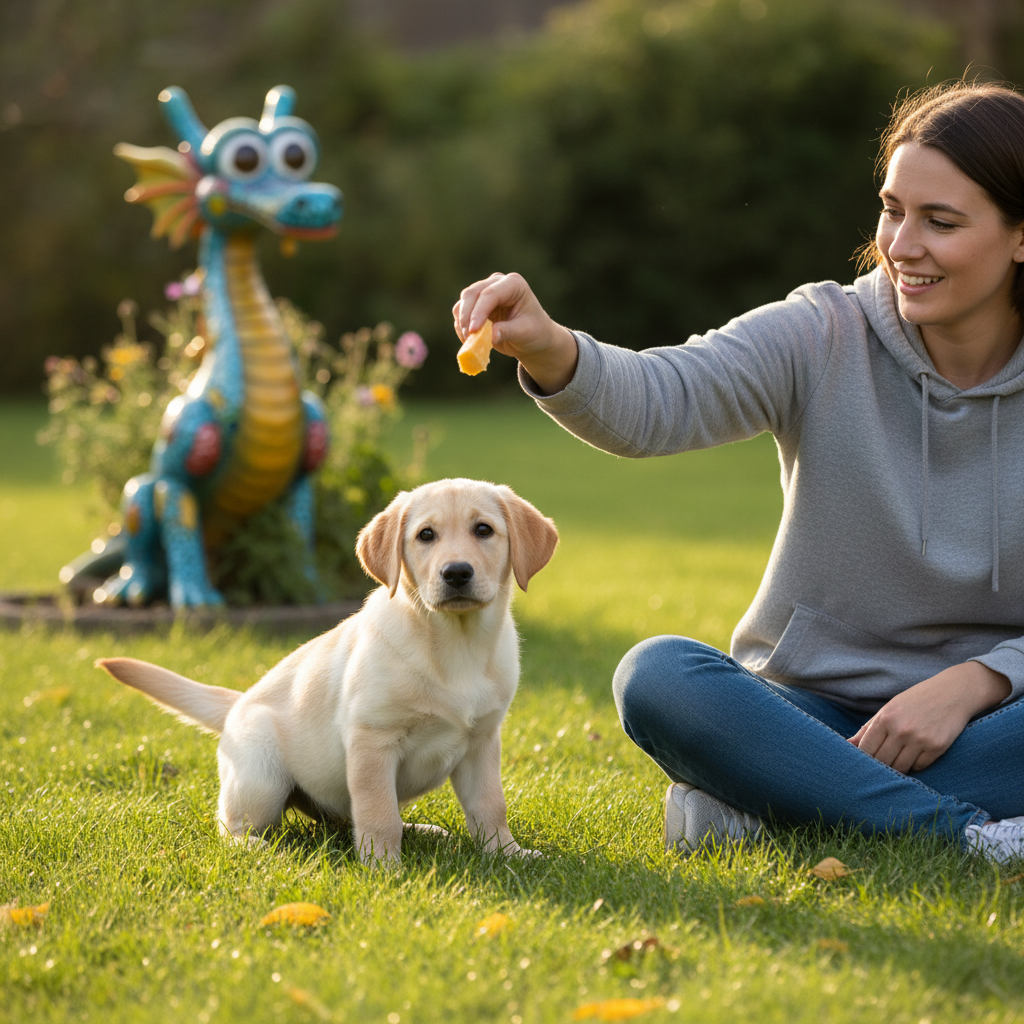A compassionate dog owner sitting calmly on the grass, tossing a piece of cheese to their hesitant Labrador puppy. In the background, at a safe distance, is a colorful garden statue that the puppy is wary of. The scene demonstrates positive reinforcement.