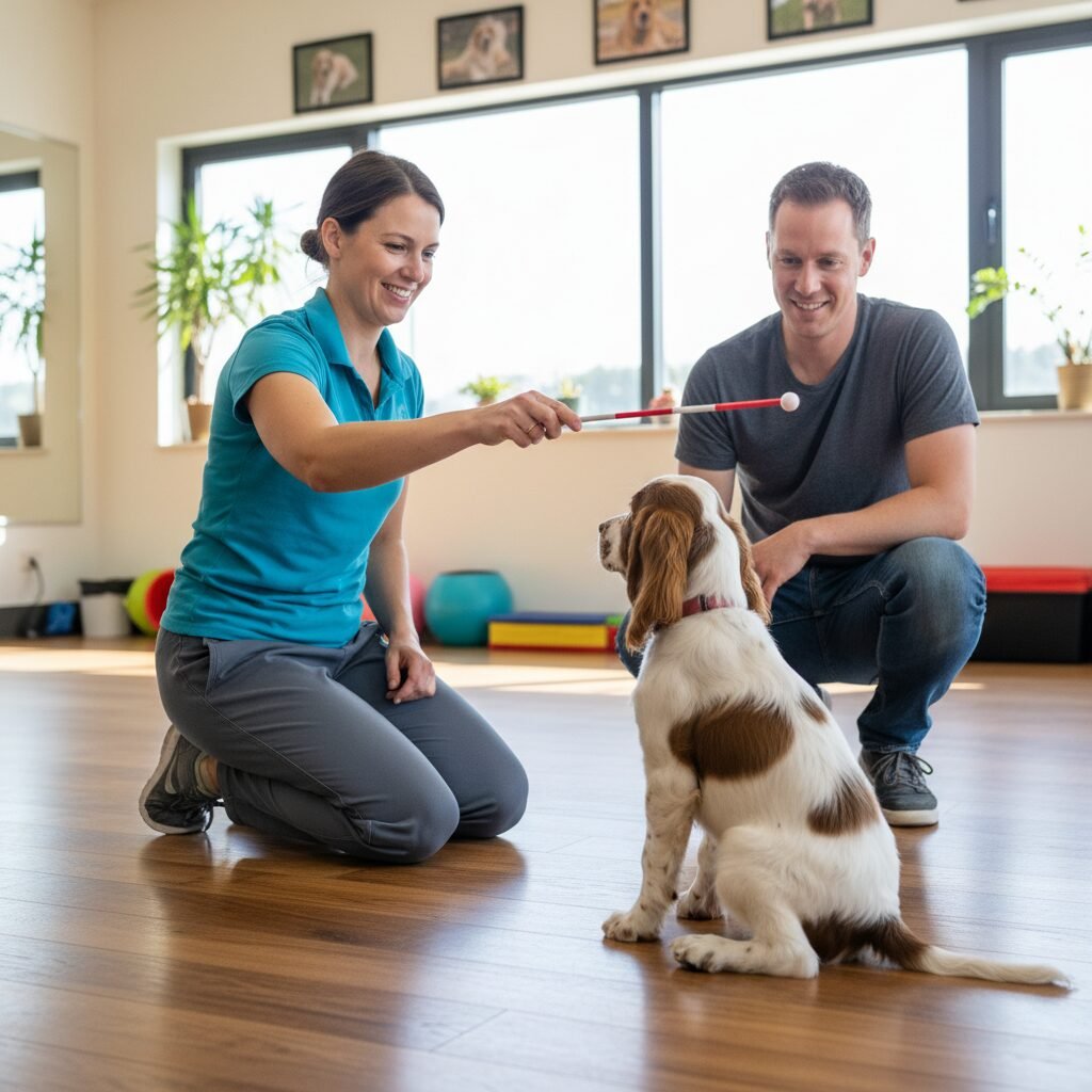 A friendly, professional dog trainer kneeling on the floor, smiling and holding a target stick. An owner and their young spaniel are watching, and the puppy looks engaged and happy in a clean, bright training facility.