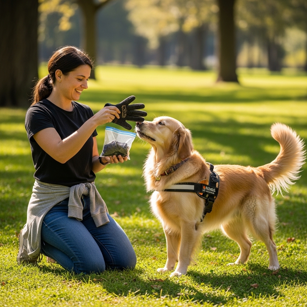 A smiling woman kneels down in a sunny park, holding an open ziplock bag with a glove inside up to the nose of an attentive Golden Retriever. The dog is wearing a harness and looks eager to begin, its tail wagging.