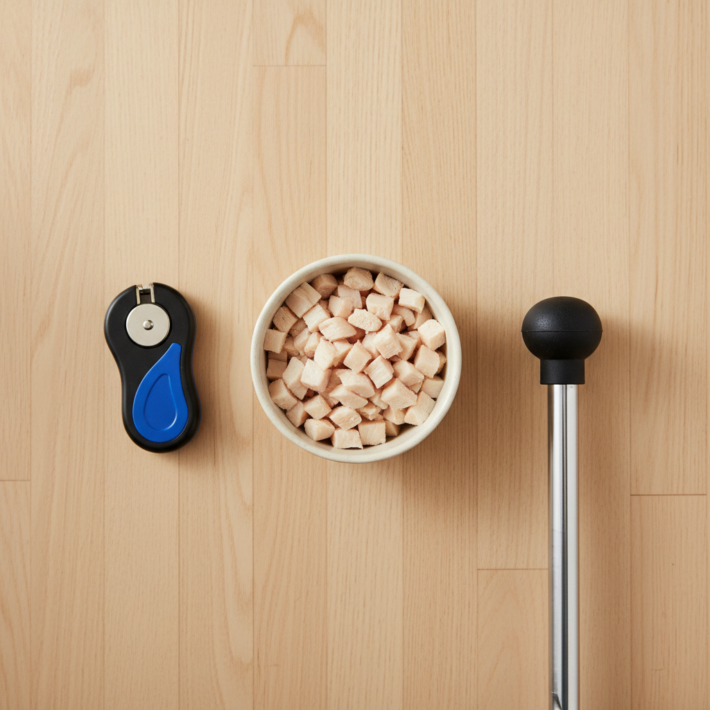 A clean, bright flat lay on a wooden floor showing a small bowl of chopped chicken, a training clicker, and the rubber-tipped base of a walking cane.