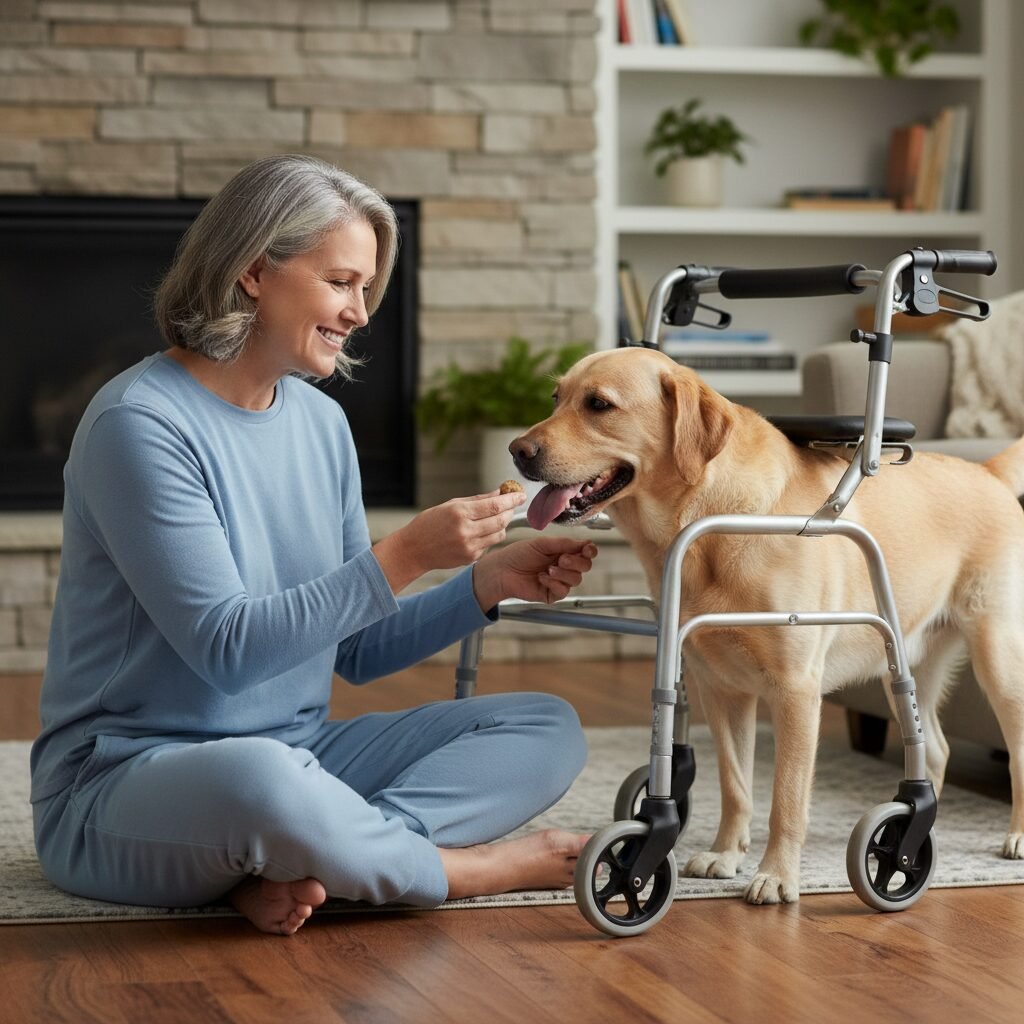 A smiling person sitting on the floor, holding a walker with one hand and giving a treat to a happy Labrador retriever with the other. The dog is calmly sniffing the leg of the walker.