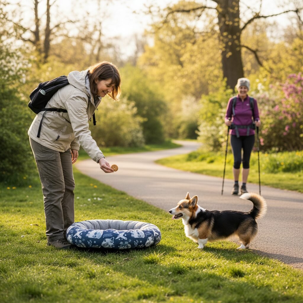 A person calmly tossing a small treat onto a dog bed a few feet away, encouraging a Corgi to move away from the path of a walker.