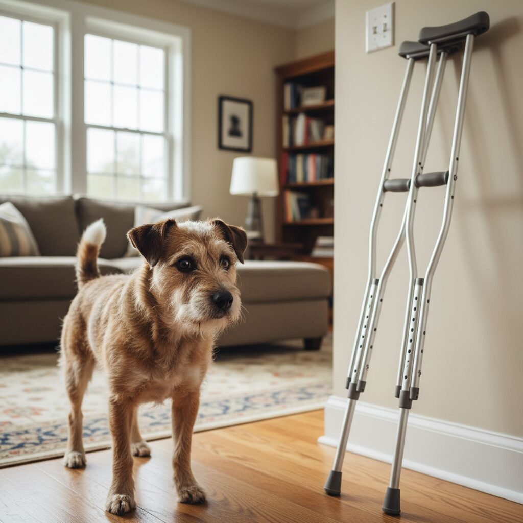 A medium-sized terrier mix dog looking with wide, curious eyes from across the room at a pair of aluminum crutches leaning against a wall. The dog's body language is cautious but not aggressive.