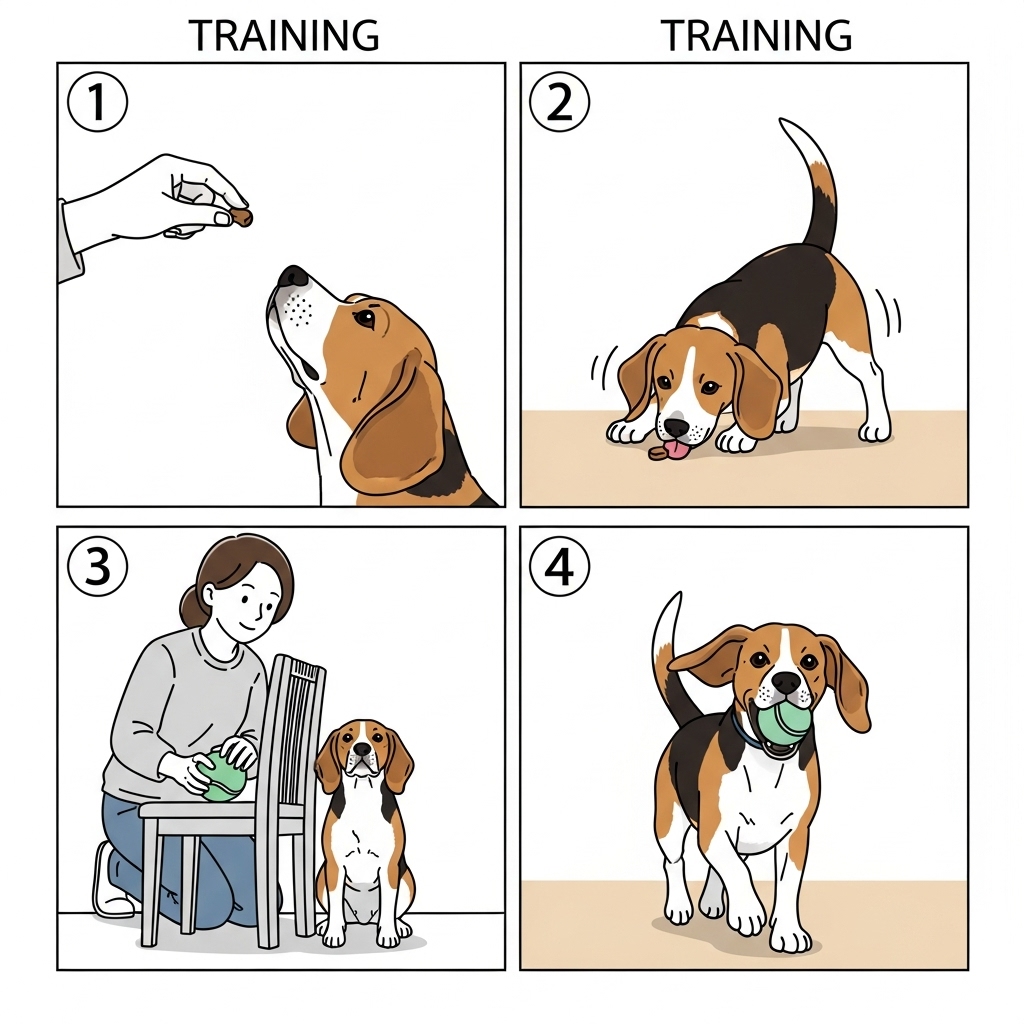 A four-panel comic-style image showing the training process. Panel 1: A person's hand holding a treat for a Beagle to sniff. Panel 2: The Beagle happily eating the treat off the floor. Panel 3: The person placing a ball behind a chair while the Beagle watches intently. Panel 4: The Beagle triumphantly trotting back with the ball in its mouth.