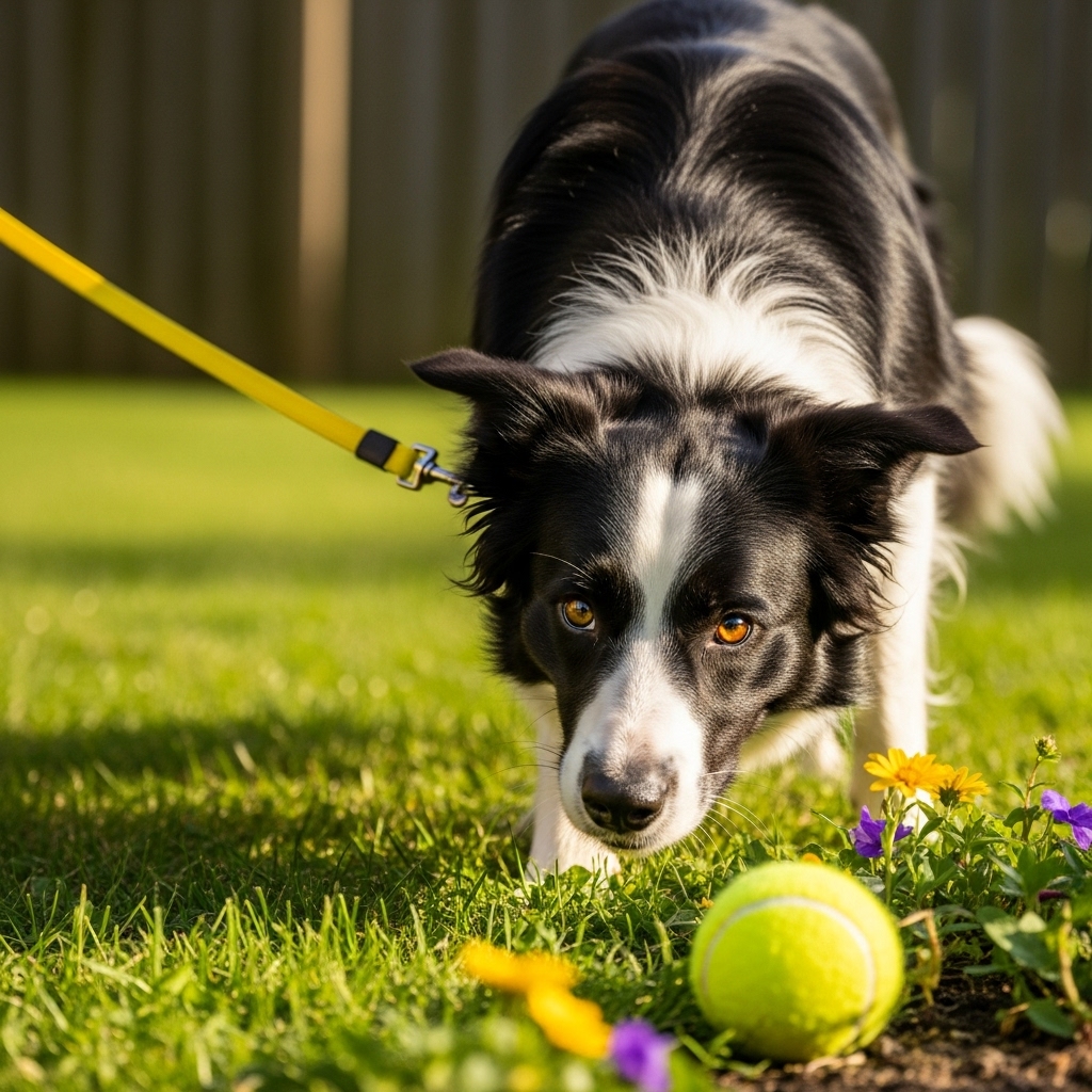 An action shot of a Border Collie on a long leash, nose down and focused, searching for a yellow ball partially visible in a patch of wildflowers in a sunny, green backyard.