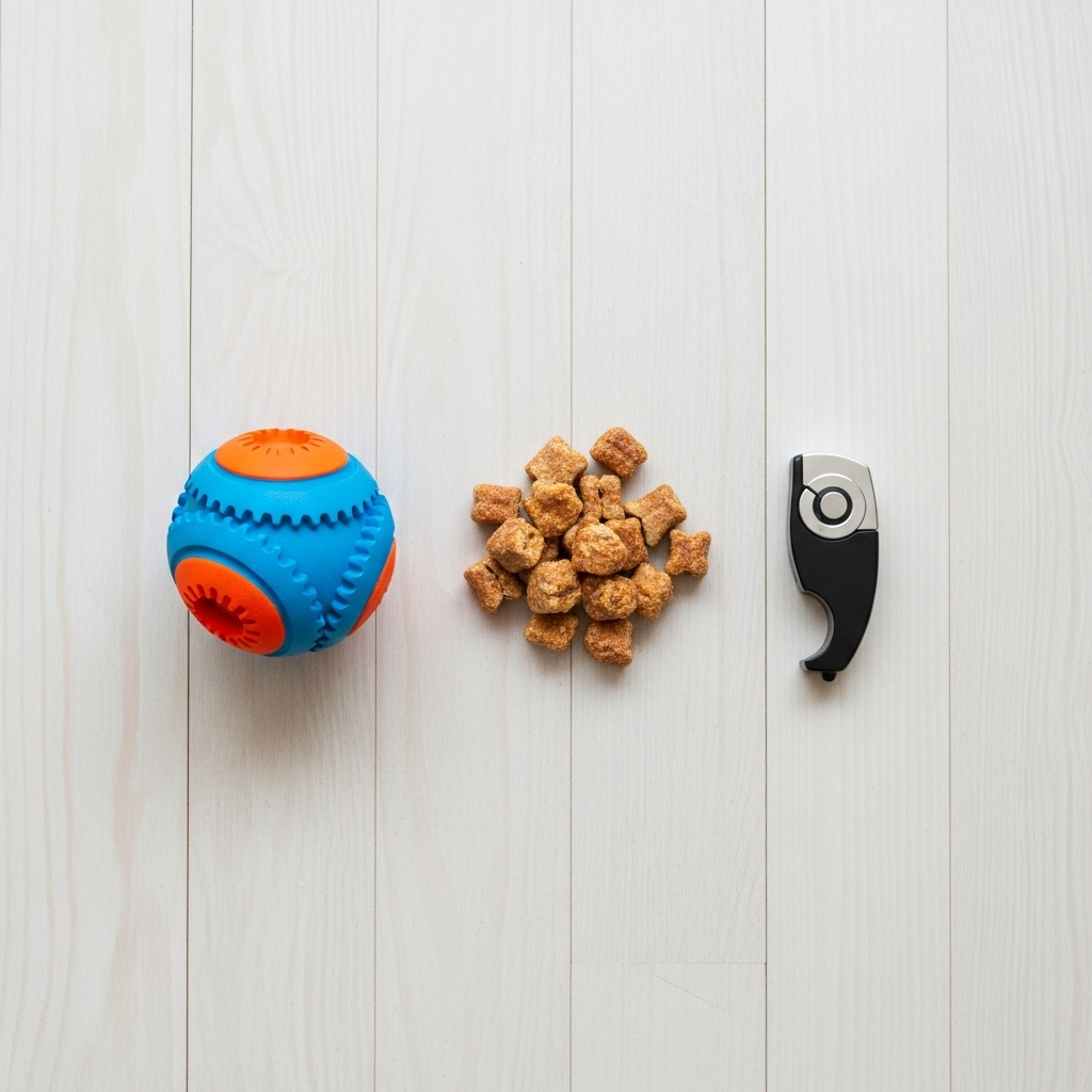 A clean, bright flat-lay on a light wood floor. In the center is a small pile of high-value dog treats (like small pieces of chicken), next to a vibrant, durable dog ball and a simple training clicker.