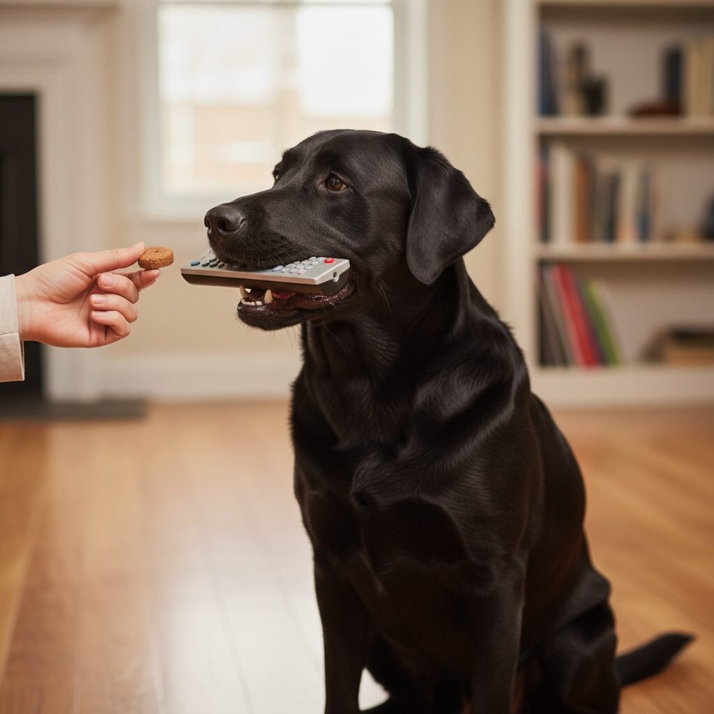 A side-profile shot of a person's hand offering a treat to a happy black labrador. The labrador is sitting patiently and has a TV remote held very gently in its mouth, demonstrating a perfect 'hold'.