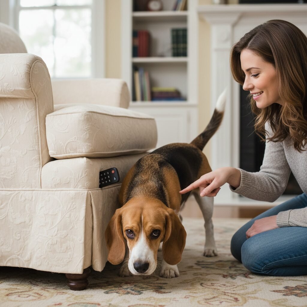 A slightly confused-looking beagle with its nose to the ground, sniffing around the base of a living room armchair. Its owner is kneeling nearby with a patient and encouraging smile, about to point to where a remote is peeking out from under the chair's skirt.