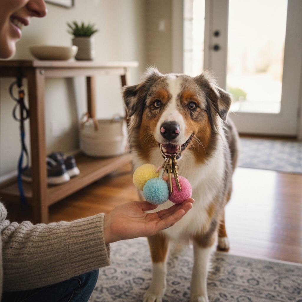 A happy Australian Shepherd is gently placing a set of keys, attached to a large, soft, brightly-colored keychain, into its owner's open hand. The scene is in a home entryway, suggesting the practical use of the trick.