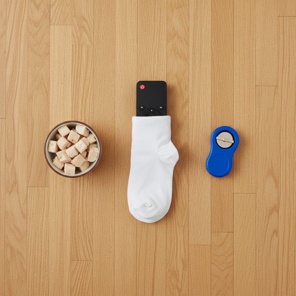 A top-down, flat-lay shot of dog training supplies on a clean wooden floor. In the center is a TV remote lightly wrapped in a clean sock. Surrounding it are a small bowl of high-value, bite-sized treats (like chicken), and a blue training clicker.