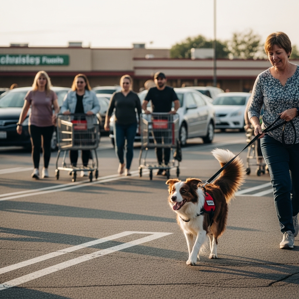 An action shot of a clever Border Collie confidently leading its owner through a moderately busy grocery store parking lot. The dog is on a mission, its tail held high, clearly focused on its task.