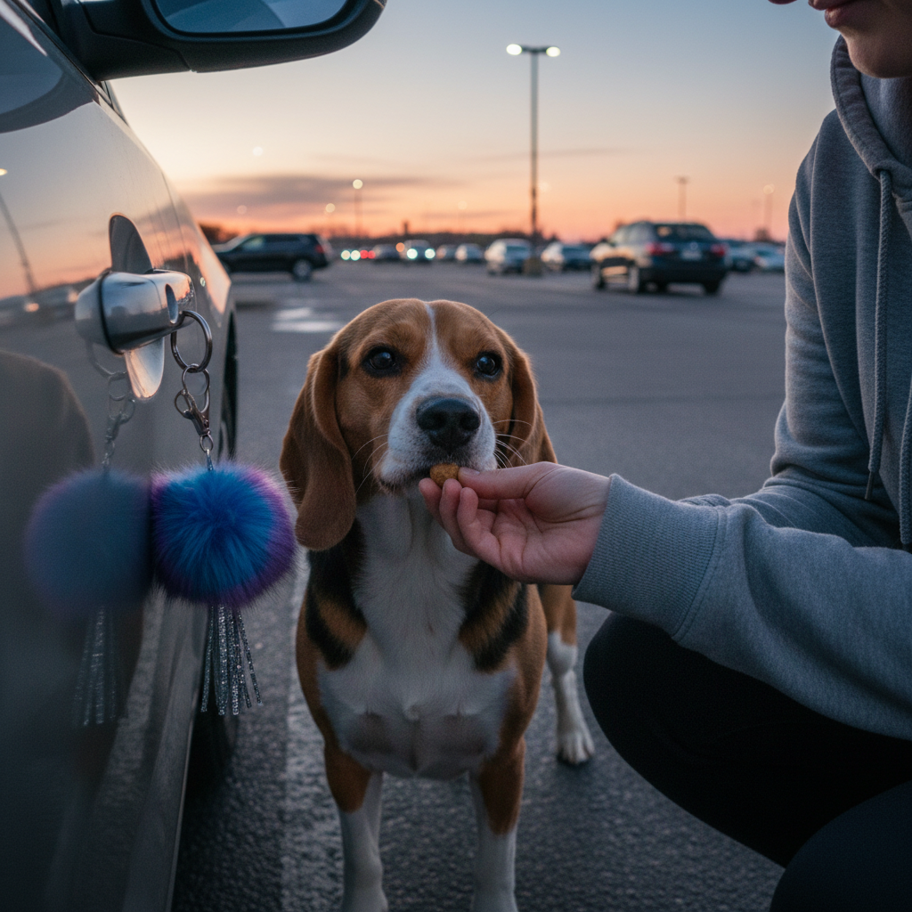 A focused Beagle sniffing a car door handle where a fuzzy keychain is hanging. The dog's owner is kneeling beside it, offering a treat as a reward. The scene is in a nearly empty parking lot at dusk.