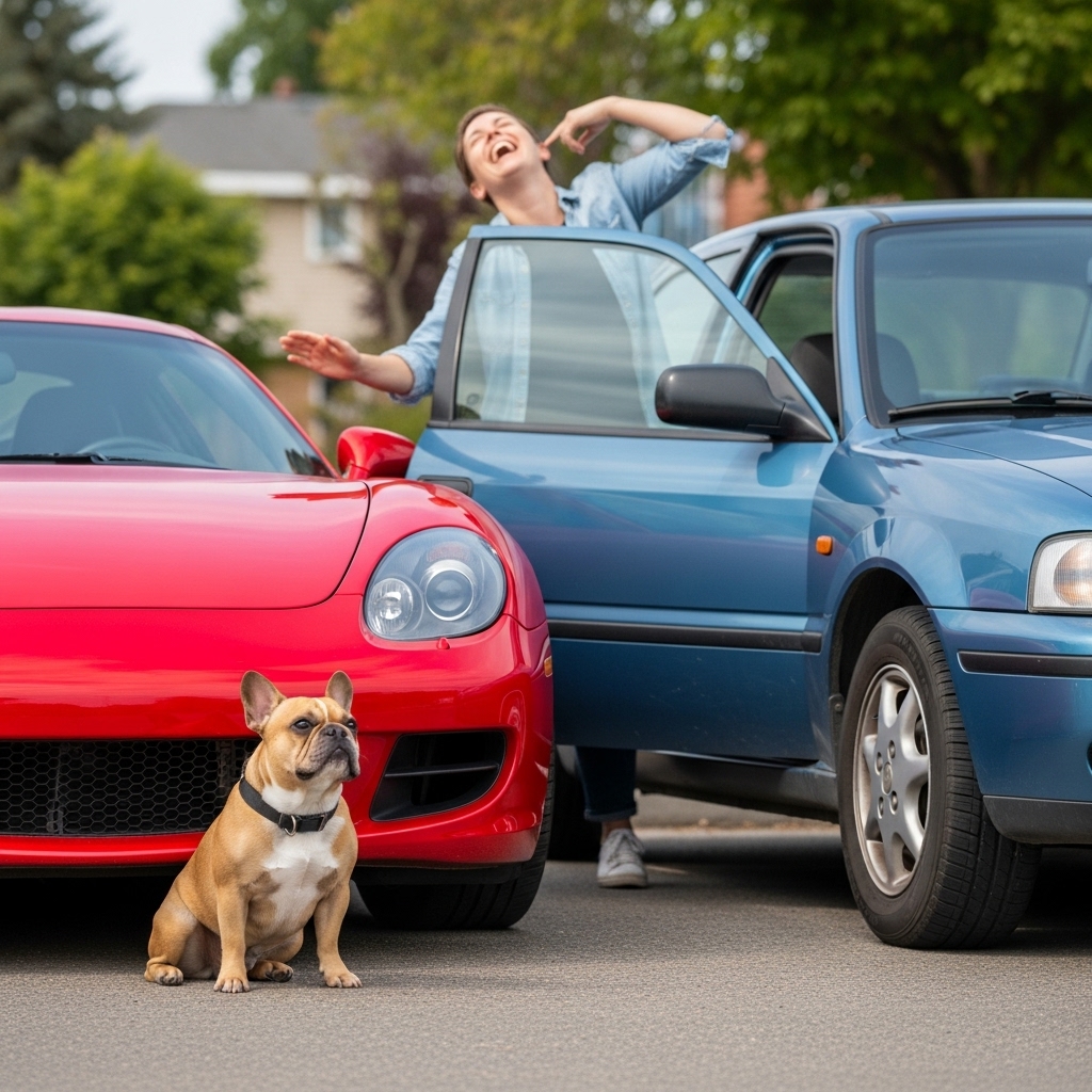 A humorous photo of a French Bulldog looking confused, sitting in front of a bright red sports car when its owner's plain blue sedan is parked right next to it. The owner is laughing and gently calling the dog over.