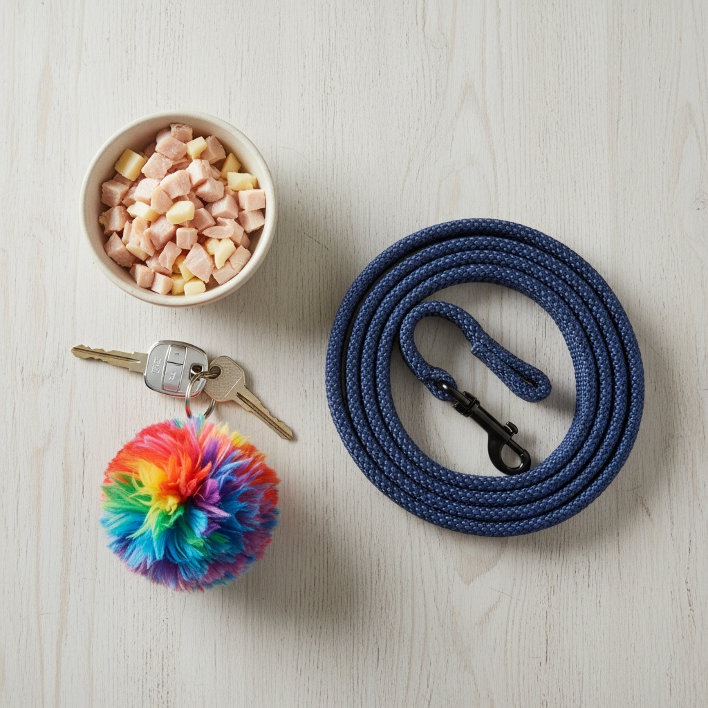 A neat flat-lay arrangement on a wooden surface of dog training essentials: a small bowl of high-value treats like chopped chicken, a set of car keys with a large, fluffy, colorful keychain attached, and a durable dog leash.