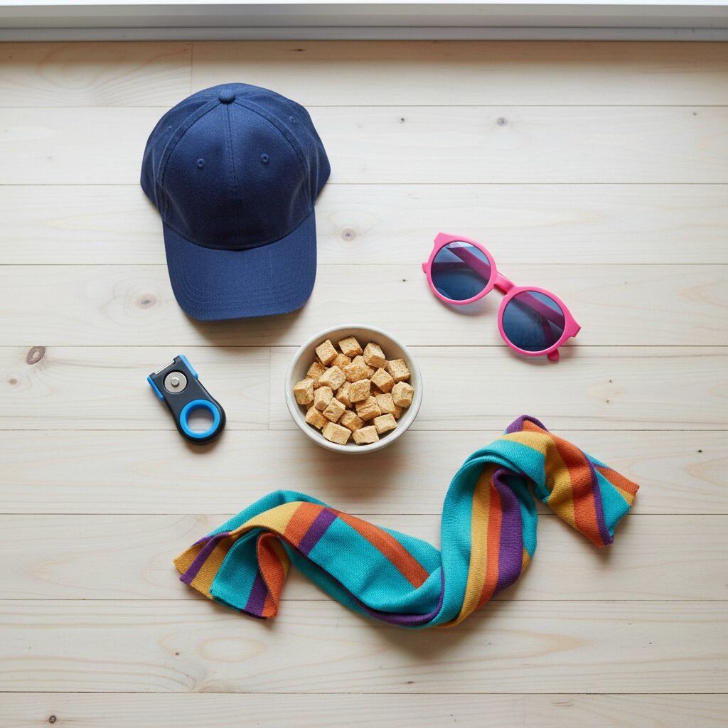 A bright and clean flat-lay photo on a wooden floor. It features a small bowl of high-value dog treats (like tiny pieces of chicken), a clicker, a simple baseball cap, a pair of silly oversized sunglasses, and a colorful scarf.