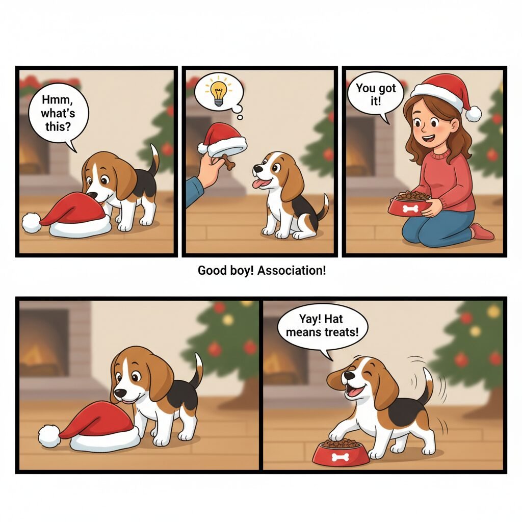 A three-panel comic-strip style image showing the training process with a beagle puppy. Panel 1: The puppy curiously sniffs a Santa hat on the floor. Panel 2: The owner holds the hat and gives the puppy a treat. Panel 3: The owner wears the Santa hat, smiling and feeding the happy, tail-wagging beagle puppy.