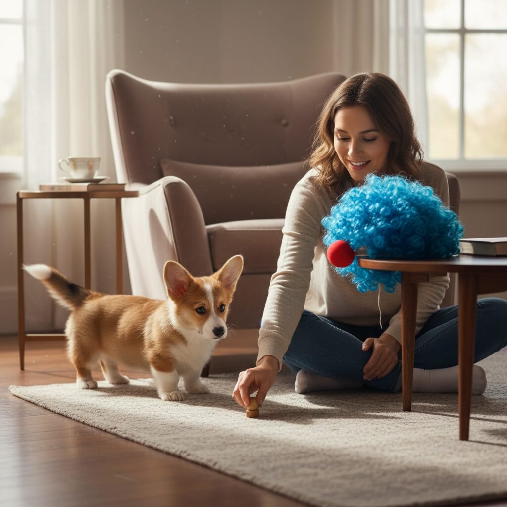 A compassionate scene where a person is sitting calmly on the floor, ignoring a funny wig on the coffee table. They are rolling a treat towards a hesitant Corgi puppy who is peeking out from behind an armchair, showing patience and a no-pressure approach.