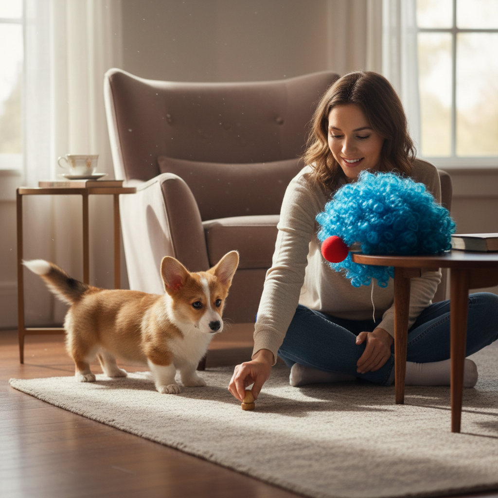 A compassionate scene where a person is sitting calmly on the floor, ignoring a funny wig on the coffee table. They are rolling a treat towards a hesitant Corgi puppy who is peeking out from behind an armchair, showing patience and a no-pressure approach.
