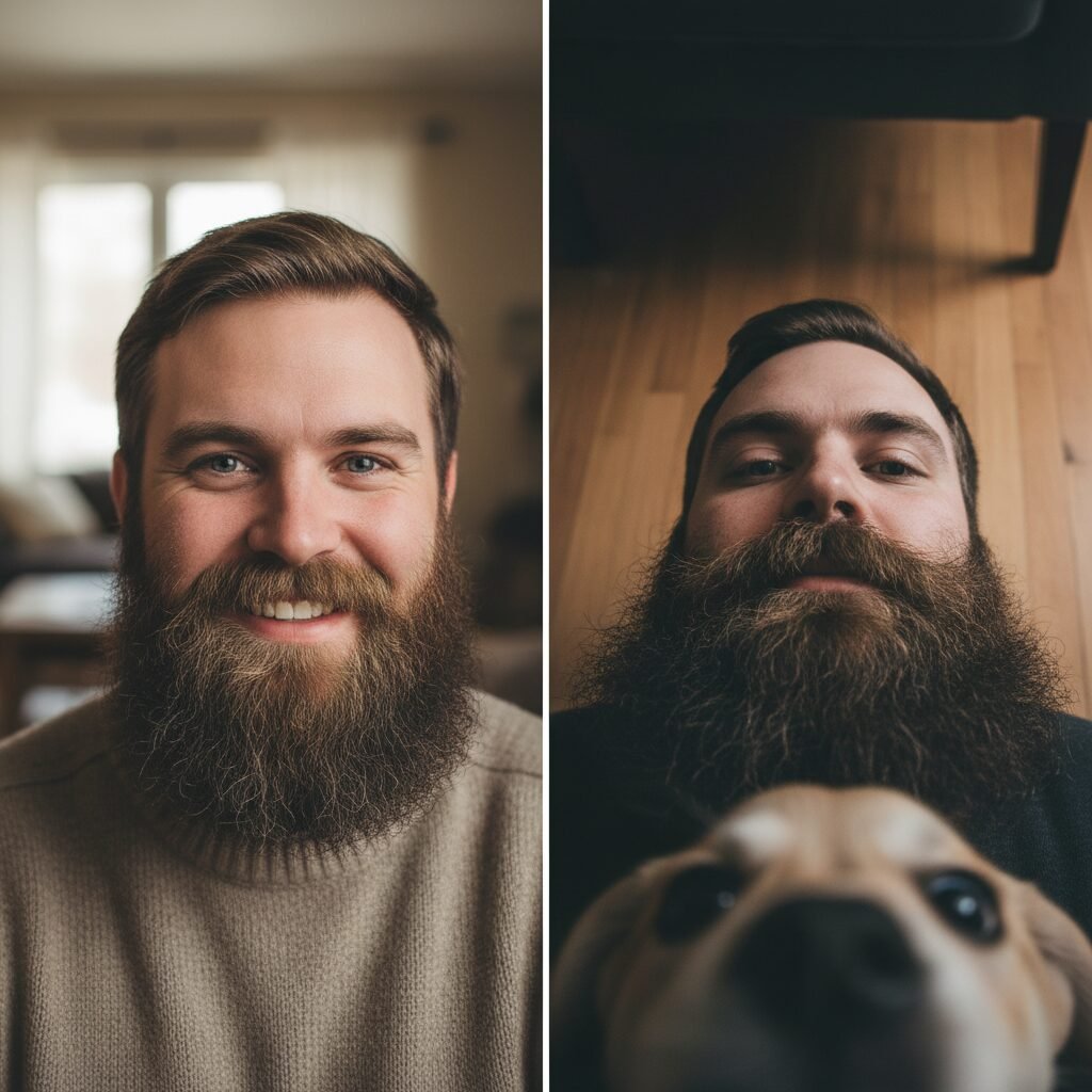 A conceptual split-image. On the left, a friendly man with a beard is smiling warmly at the camera. On the right, a puppy's-eye-view of the same man, where the beard is exaggerated and obscures his mouth, creating a sense of mystery and caution for the dog.