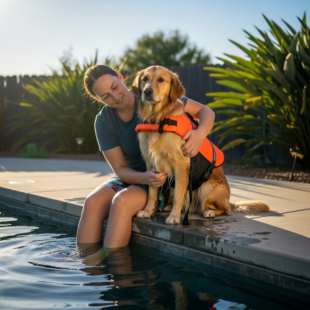 A compassionate photo of a dog owner patiently sitting on the edge of a pool, fitting a life vest onto a slightly hesitant but trusting dog. The scene is calm and supportive, emphasizing patience in training.
