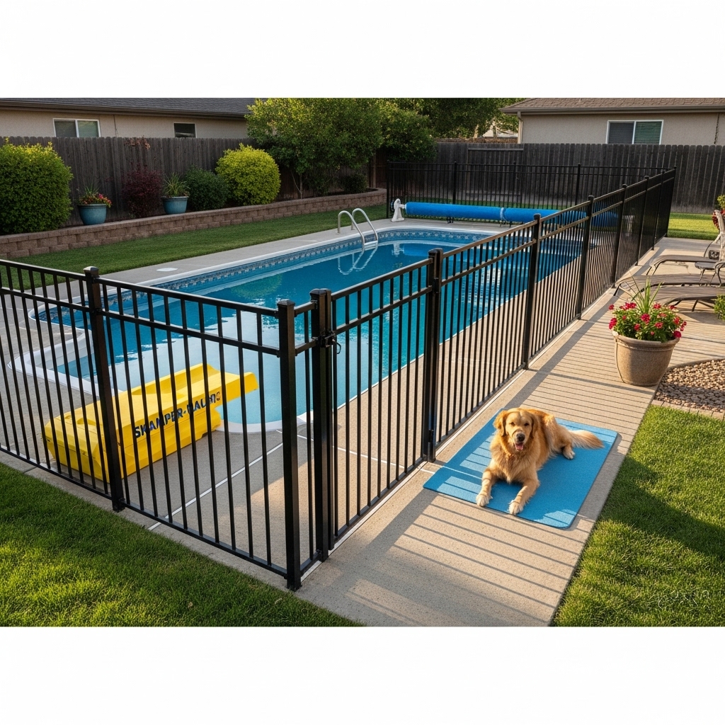A wide-angle shot of a perfectly safe backyard pool area. A sturdy black fence with a closed gate surrounds the pool, a visible 'Skamper-Ramp' is attached to the side, and a dog is lounging safely on a cool mat on the patio.