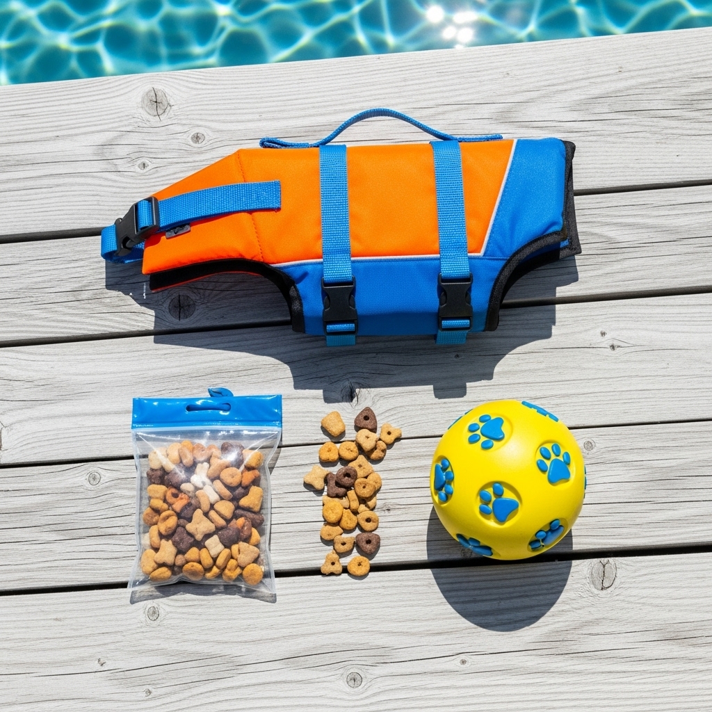 A bright, flat-lay image on a poolside deck showing a colorful dog life vest, a small waterproof pouch of treats, and a vibrant floating ball, all arranged neatly and ready for a training session.