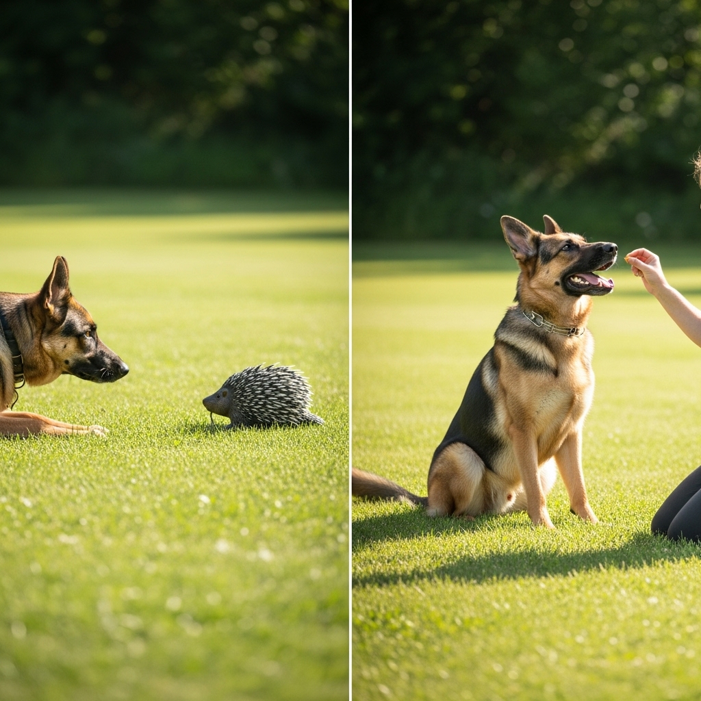 A side-by-side diptych image. The left panel shows a German Shepherd cautiously sniffing towards a porcupine decoy on the grass. The right panel shows the same dog now sitting happily beside its owner several feet away, receiving a treat, demonstrating the successful retreat and reward.