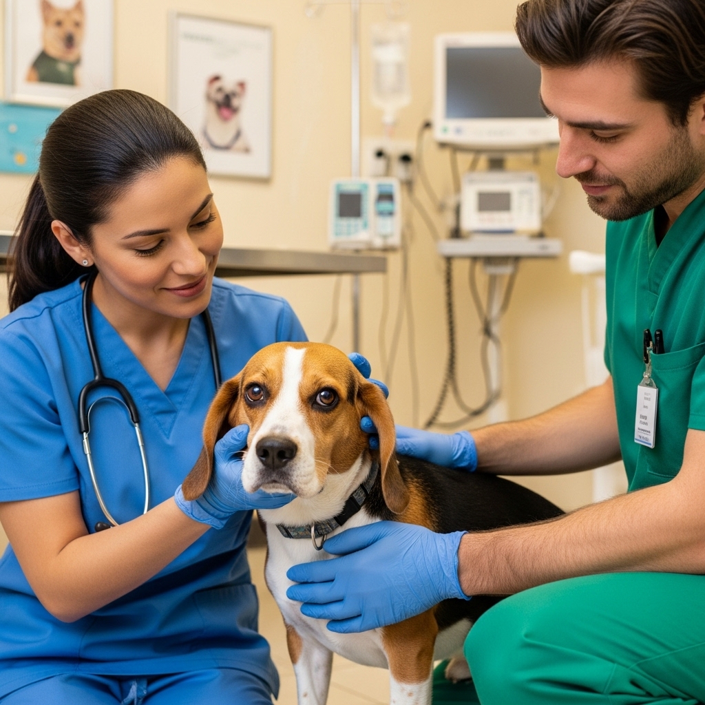 A compassionate scene inside a vet clinic. A veterinarian wearing blue gloves is gently holding the head of a sad-eyed Beagle, while a vet tech soothes the dog. The focus is on their calm, professional demeanor in a stressful situation.