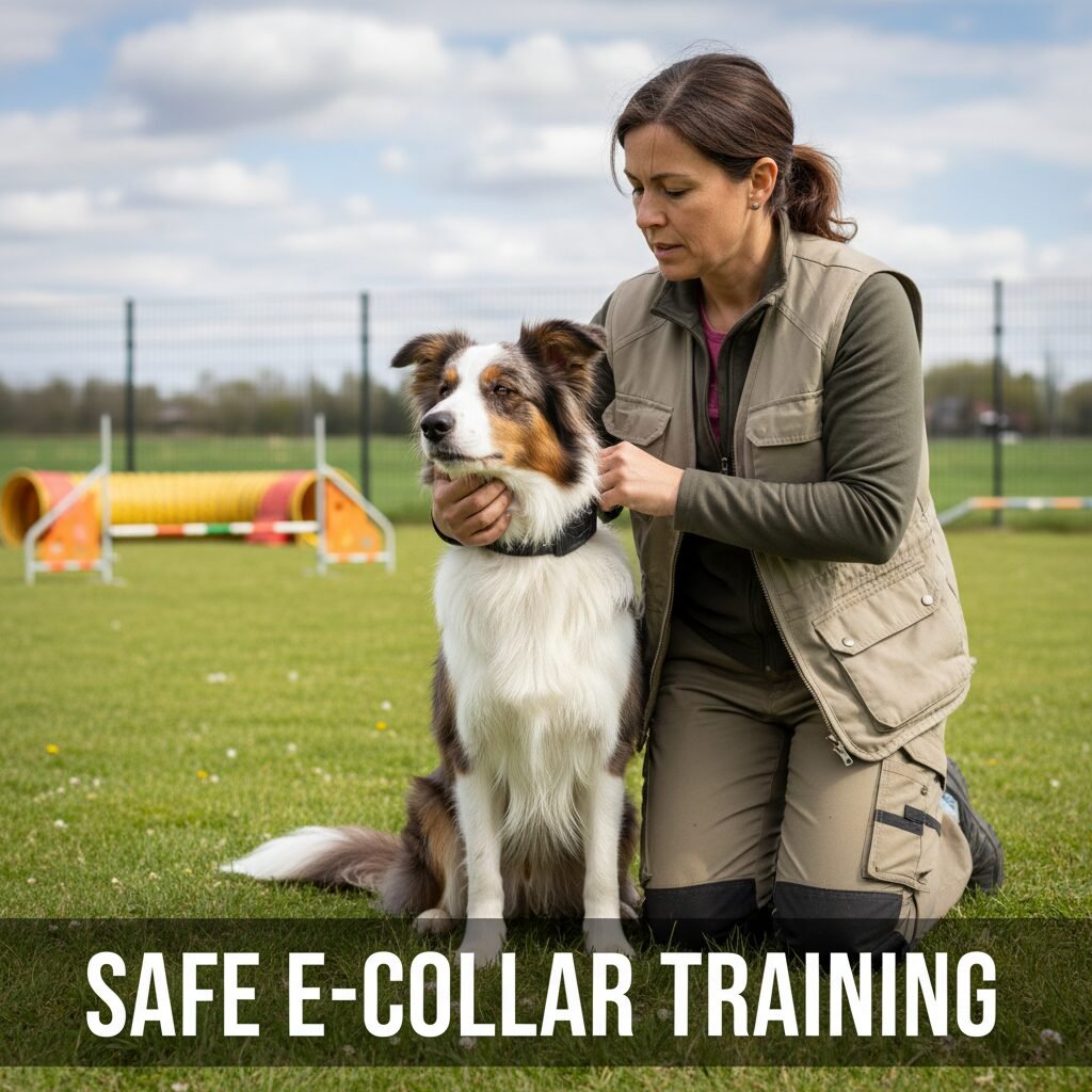 A professional dog trainer demonstrates the proper fit of an e-collar on a calm Border Collie in an outdoor training area. The trainer's hands are gentle, and the dog looks comfortable and focused, emphasizing safety and professionalism.