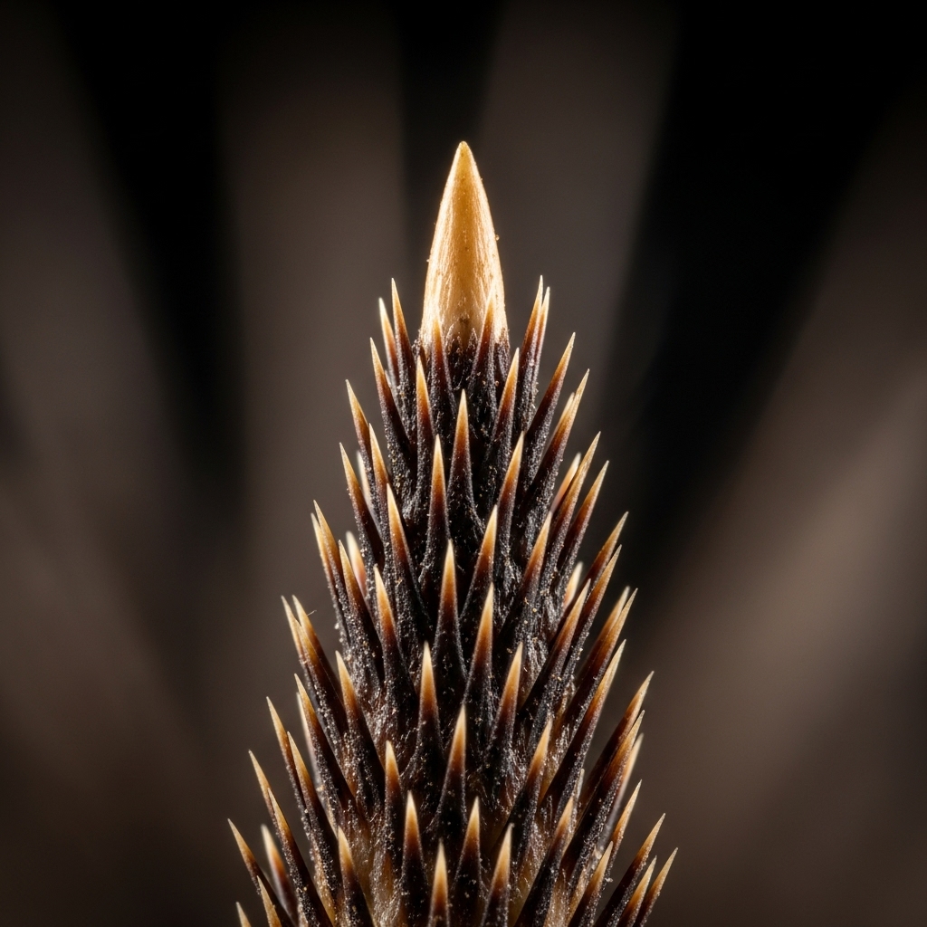 A dramatic, macro photograph focusing on the tip of a single porcupine quill against a dark background. The image clearly shows the tiny, overlapping barbs that make it so dangerous, highlighting its fishhook-like texture.