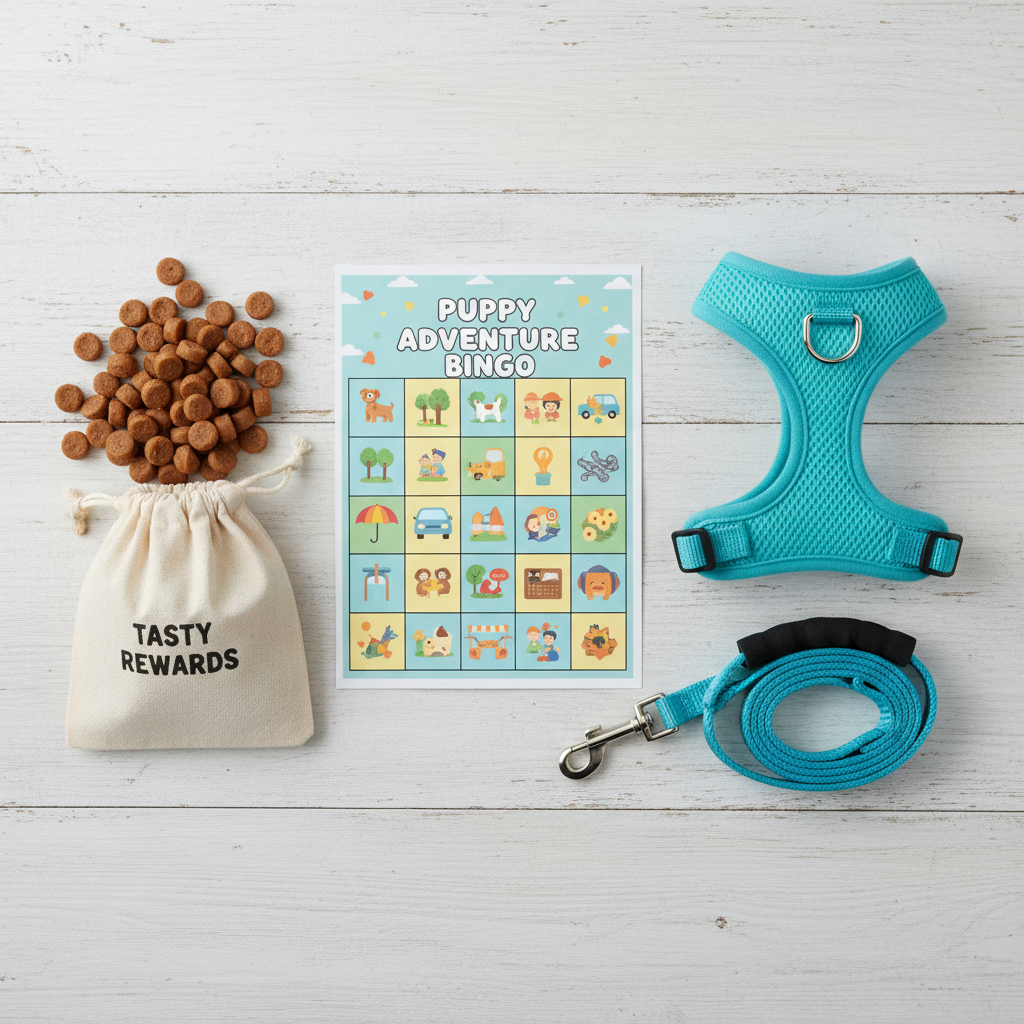 A flat-lay photograph showing the essential puppy socialization toolkit: a colorful bingo card, a pouch filled with delicious-looking dog treats, a comfortable puppy harness, and a standard leash, all arranged neatly on a clean wooden surface.