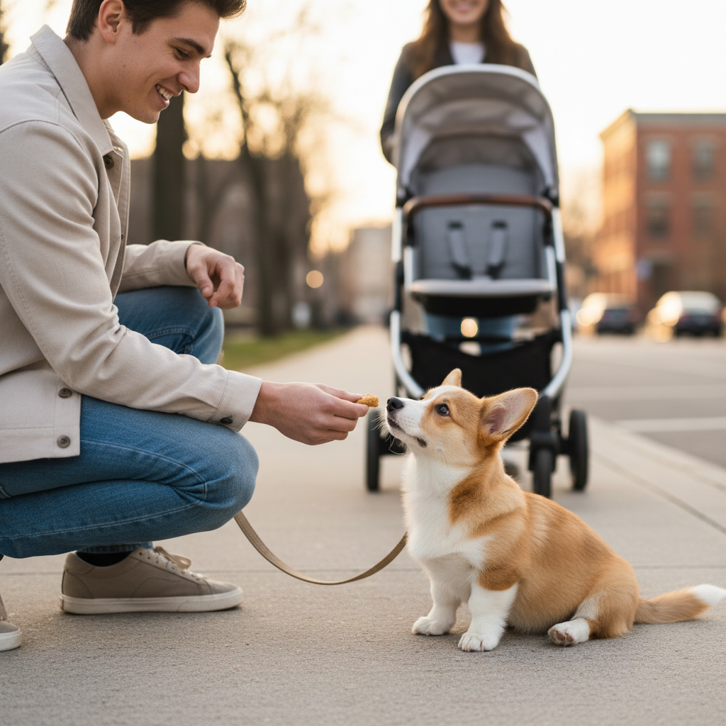 A person is kneeling on a sidewalk, happily giving a small, tasty treat to their adorable Corgi puppy. In the background, a person with a friendly smile pushes an empty stroller, creating a positive and controlled exposure for the puppy.