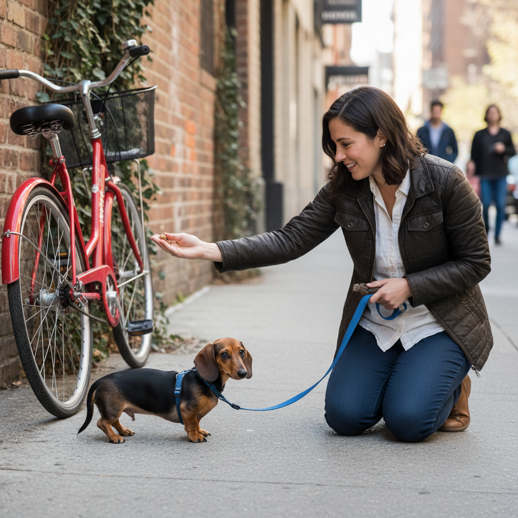An empathetic dog trainer is kneeling down to the level of a slightly timid puppy (e.g., a Dachshund) on a city sidewalk. The trainer is offering a treat from an open palm, creating a safe distance from a bicycle leaning against a wall in the background, demonstrating a positive, controlled introduction to a new object.