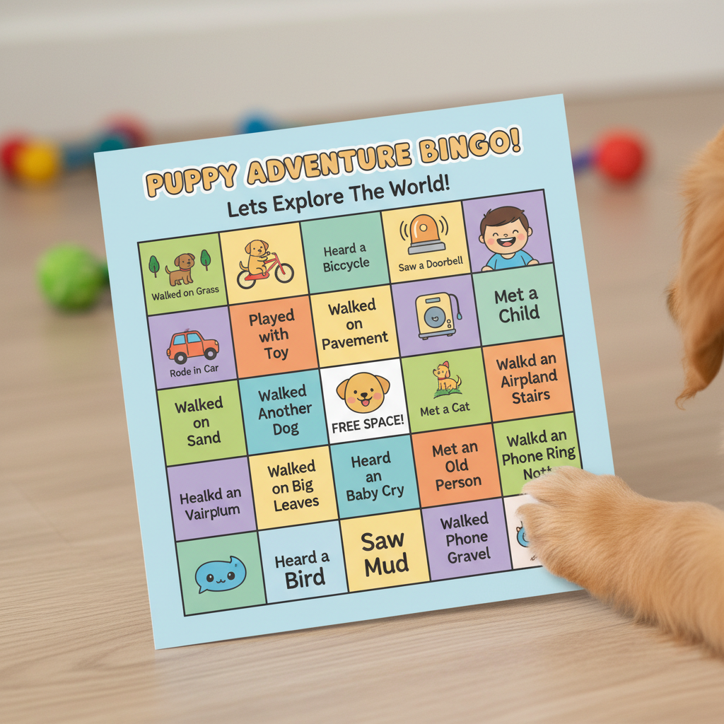 A close-up shot of a beautifully designed 'Puppy Socialization Bingo' card, with vibrant illustrations in each square. Squares show things like 'Walked on grass', 'Saw a bicycle', 'Heard a doorbell', 'Met a child'. A puppy's paw is playfully touching the corner of the card.