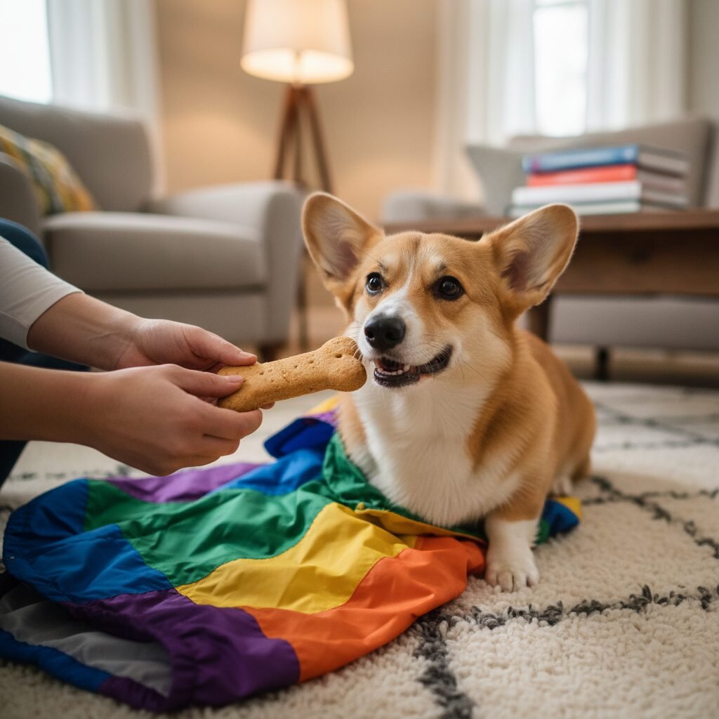 A person's hands offering a high-value treat to a cheerful Corgi while the dog sniffs a colorful raincoat laid out on a cozy living room rug.