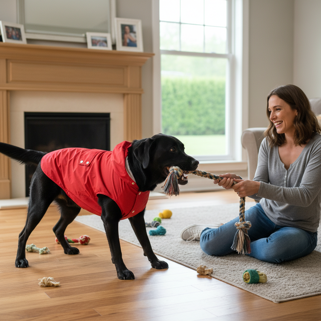 A happy black Labrador Retriever wearing a red raincoat and wagging its tail, playing tug-of-war with its owner inside the house.