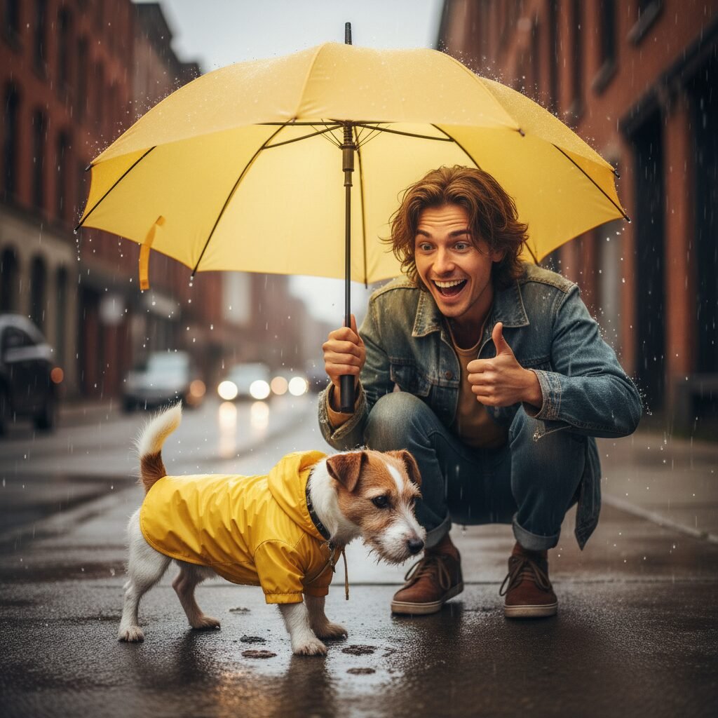 An owner holding a bright umbrella and giving an enthusiastic 'thumbs up' to their small terrier, who is wearing a raincoat and successfully taking its first few steps onto a wet sidewalk.