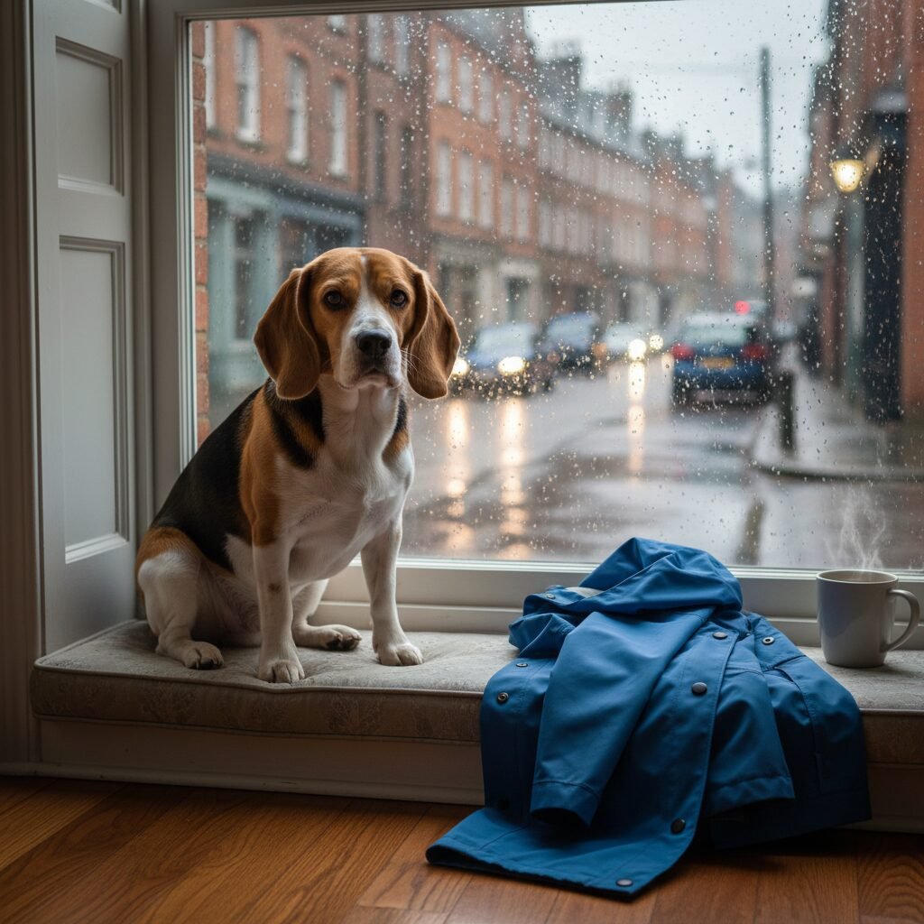 A thoughtful-looking Beagle sitting by a window, looking out at a rainy street with a concerned expression. A blue raincoat is lying on the floor nearby.